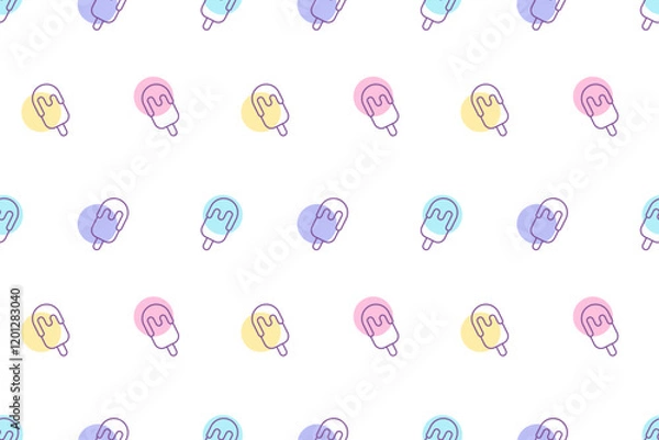 Fototapeta Summer seamless pattern with ice cream. Geometric pattern with ice cream on stick. Linear style ice cream with multi-colored spots. Pattern for banners, social media, covers, phone cases, wrapping