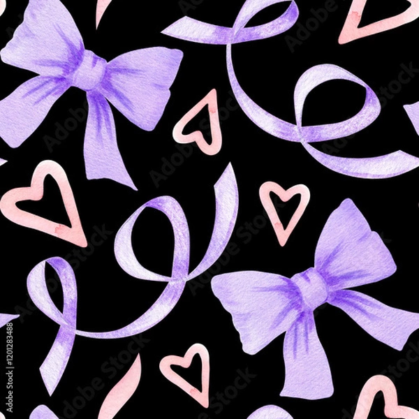 Fototapeta Watercolor lavender bow and ribbon hand painted seamless pattern