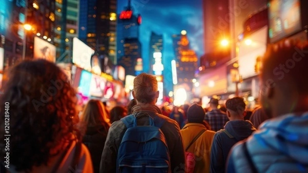 Fototapeta Crowd of people walking in a vibrant city at night, illuminated by bright lights and billboards, creating a lively urban atmosphere.
