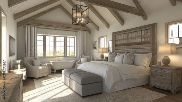 Obraz Rustic Master Bedroom Design With Freestanding Tub