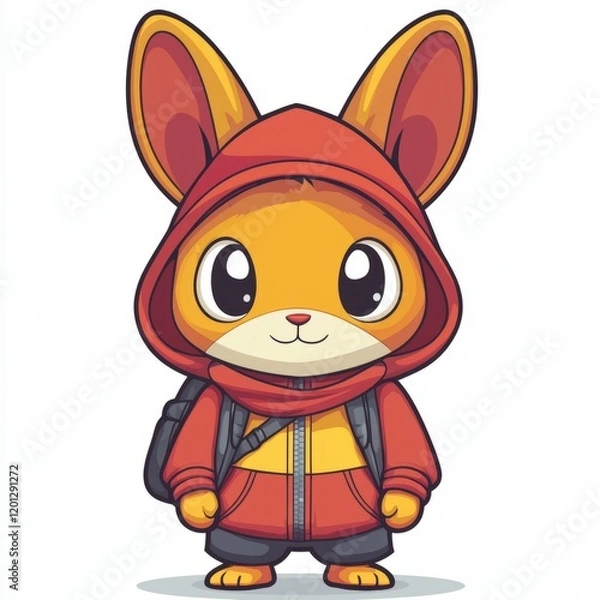 Fototapeta Adorable Cartoon Rabbit Wearing Red Hoodie And Backpack
