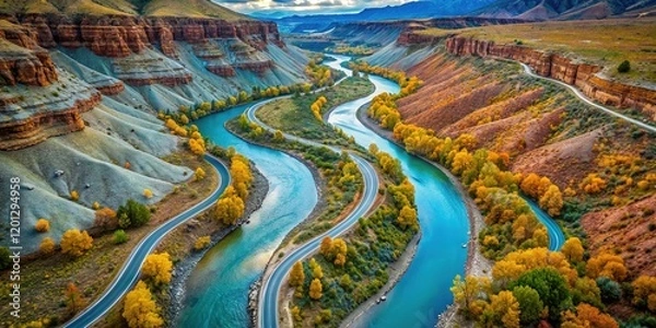 Fototapeta Aerial View: Sevier River Winding Through Hatch, Utah Landscape