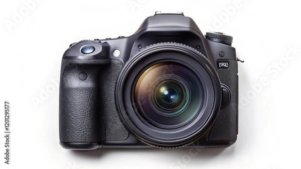 Fototapeta photo of a modern black DSLR camera isolated over a white background, cutout photography design elements, flat lay / top view with subtle shadow