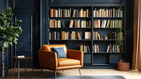 Fototapeta A minimalist bookshelf with color-coordinated books and only a few decor items, creating a tidy, aesthetic look.