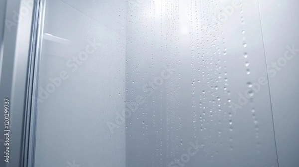 Fototapeta A frosted glass shower door with droplets glistening under soft lighting