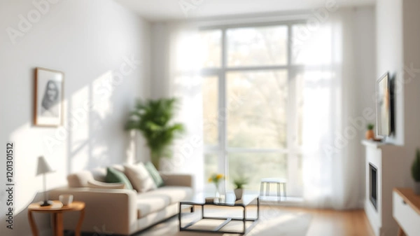 Fototapeta Blur living room at home with morning sunlight at big window for background usage. blur interior background concept. white, bright tone. Generative AI