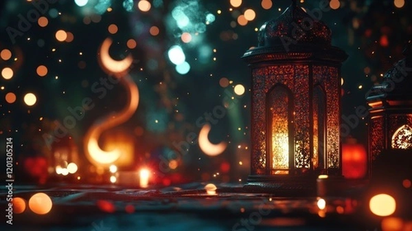 Fototapeta Illuminated Lantern with Festive Lights and Bokeh
