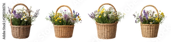 Fototapeta Beautifully arranged flower baskets in various shapes sizes and floral varieties such as daisies roses lavender and sunflowers showcasing a range of colors and textures for rustic elegant