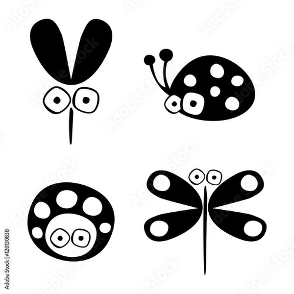 Fototapeta Vector black and white set of hand drawn ladybug, mosquito, and dragonfly, isolated on the white background