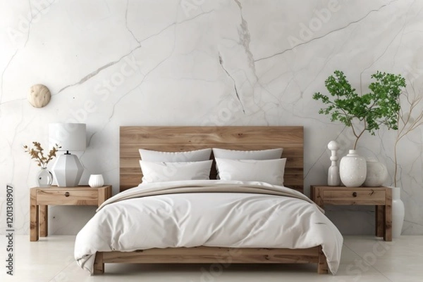 Fototapeta Bedroom interior design with a marble accent wall behind the bed, wooden side tables, and soft beige bedding for a serene ambiance.