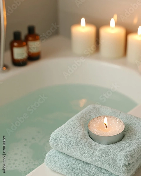 Fototapeta A cozy aromatherapy bath setup with bath salts, essential oils, and candles creating a relaxing ambiance,
