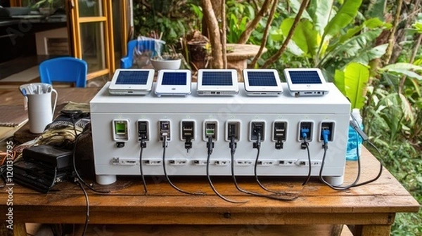 Obraz Outdoor solar panel charging station with multiple USB ports and power outlets on a wooden table.