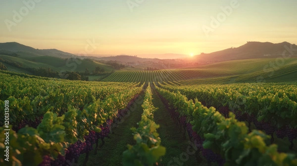 Fototapeta A picturesque vineyard at sunset, with rows of grapevines stretching into the horizon and a backdrop of rolling hills,