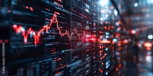 Fototapeta Dynamic trading environment showcasing vivid market data and fluctuating trends during a fast-paced financial session. Generative AI
