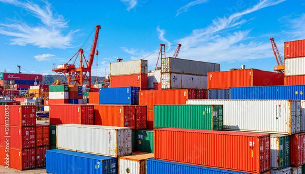 Fototapeta Colorful stacked shipping containers at industrial port, transportation concept