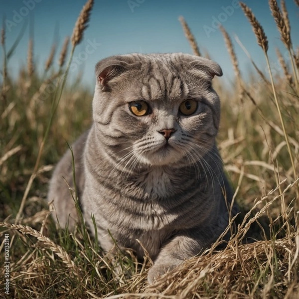 Obraz A Scottish Fold cat with folded ears looking curious.