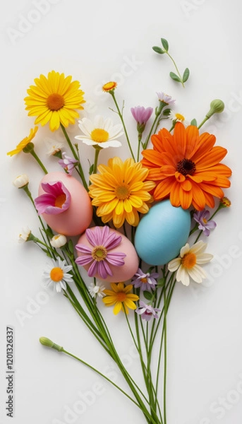 Fototapeta Creative layout made with colorful  flowers and Easter eggs. Minimal nature background. Spring holidays concept, sticker style, with white tones