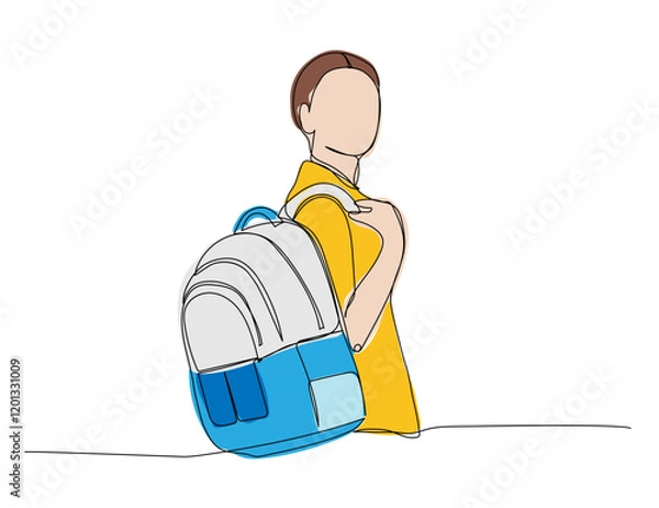 Obraz Student with a large backpack, school supplies one line color art. Continuous line drawing of online learning, knowledge, study, school uniform, bag, education.