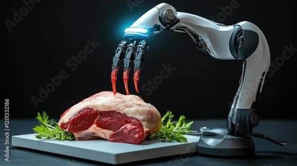 Obraz Robotic arm preparing raw meat on a cutting board.
