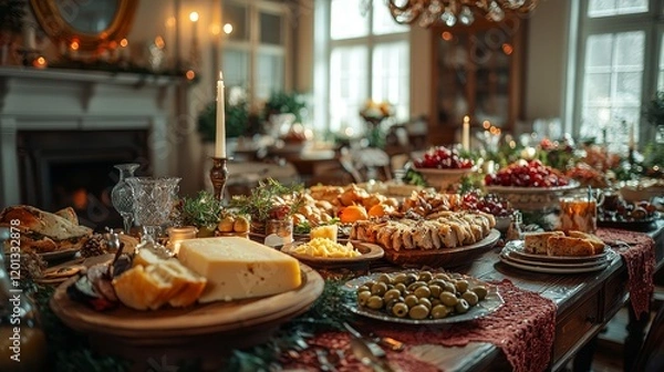 Fototapeta A festive dining experience with delicious food and a comfortable ambiance, illuminated by candles and festive decorations