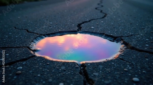 Fototapeta A small puddle of iridescent liquid reflects a vibrant sunset in a cracked asphalt surface, showcasing the beauty of unexpected reflections in ordinary places.