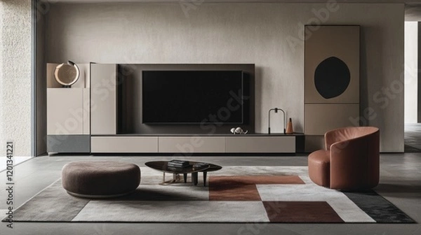 Fototapeta A modern living room with a sleek design, showcasing a large flat-screen TV mounted on the wall, complemented by minimalist furniture and a geometric rug