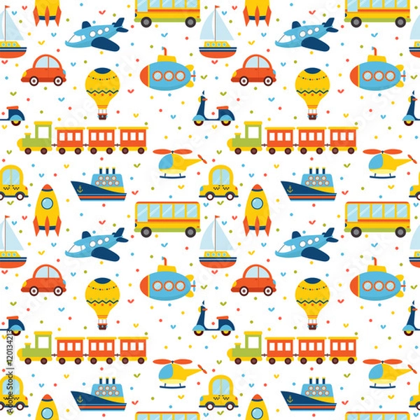 Fototapeta Seamless pattern with colorful cartoon transport. Cute backgroun