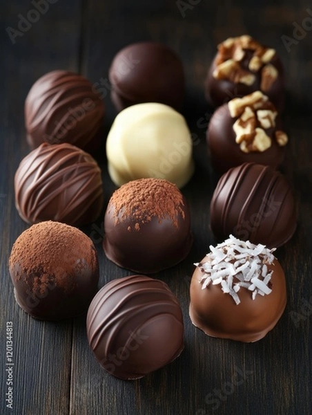 Fototapeta Delicious assortment of handmade chocolate truffles arranged on a dark wooden table. Generative AI