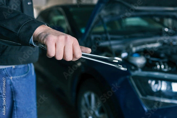 Fototapeta A mechanic holding wrenches in front of an open car hood in a garage. The image emphasizes automotive repair tools and professional car maintenance in a workshop setting