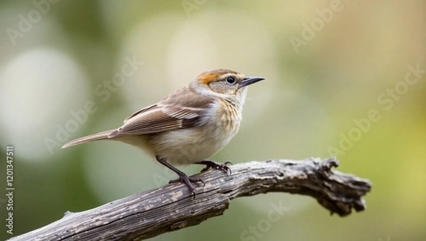 Fototapeta small bird, rustic perch, detailed feathers, soft brown tones, sharp beak, bright eye, bokeh background, nature photography, wildlife portrait, shallow depth of field, sparrow-like bird, textured wood