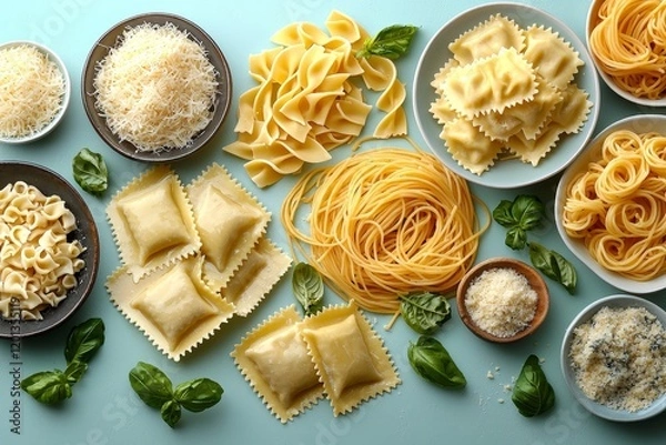 Fototapeta An overhead flat lay photograph captures diverse Italian cuisine and drinks, such as spaghetti marinara, mushroom pappardelle, seafood pasta, wine, tomato sauce, and Parmesan, in a visually appealing