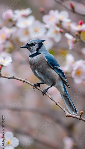 Fototapeta Blue Jay on branch with spring flowers in background, Diffused lighting, with white tones