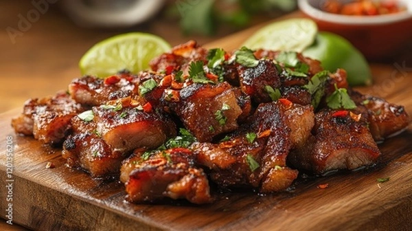 Fototapeta A vibrant presentation of fried pork belly on a wooden cutting board, accompanied by lime wedges and a sprinkle of chili flakes for an appetizing touch
