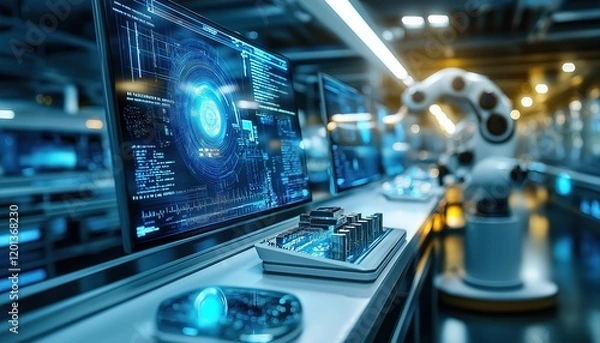 Obraz Robotics Lab Data Display on Screens in Advanced Tech Manufacturing Setting