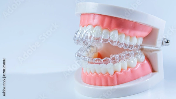 Obraz Invisible dental teeth brackets teeth aligners on blue background. Plastic braces dentistry retainers to straighten teeth on a white background