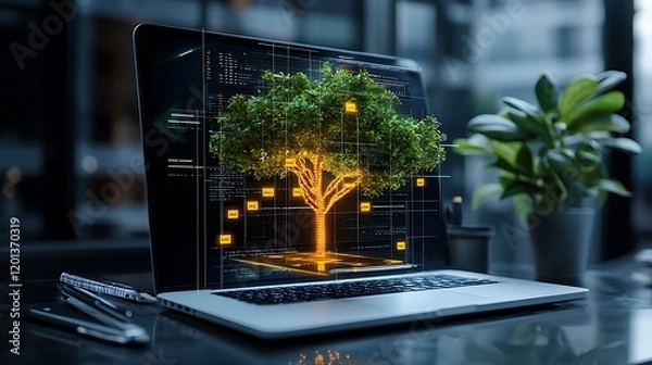 Fototapeta Digital tree growing on laptop screen, office background, tech sustainability concept, website banner