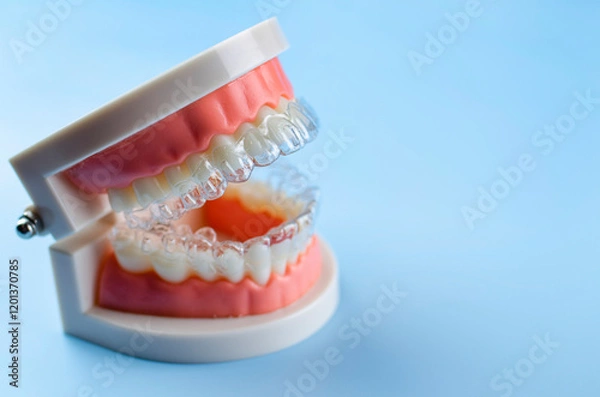 Obraz Close-up. Transparent aligners for artificial jaw teeth on a blue background