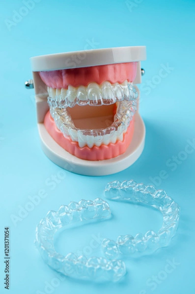 Obraz Close-up. Transparent aligners for artificial jaw teeth on a blue background