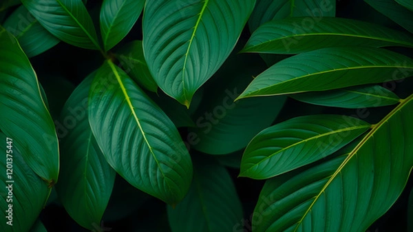 Fototapeta Dark green leaf texture, Natural green leaves using as nature background wallpaper or tropical leaf cover page. Generative AI