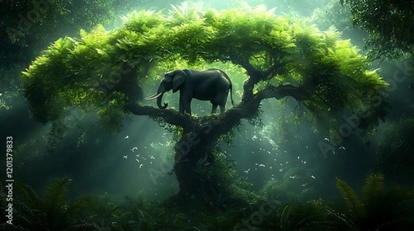 Fototapeta Elephant in jungle tree, misty forest background, nature scene, conservation poster