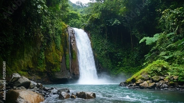 Fototapeta Tropical Waterfall Cascading into Lush Rainforest Pool