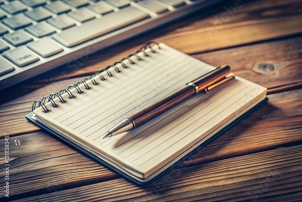 Fototapeta Notepad, Pen, Keyboard: Workspace Desk Still Life Photography