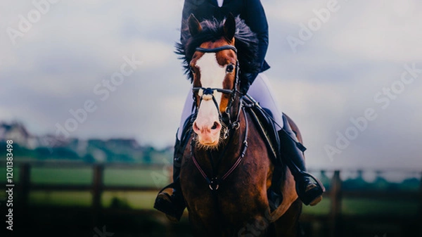 Fototapeta A portrait of a beautiful horse with a rider on its back, galloping at full speed during a sports competition on a summer day with clouds in the sky.
