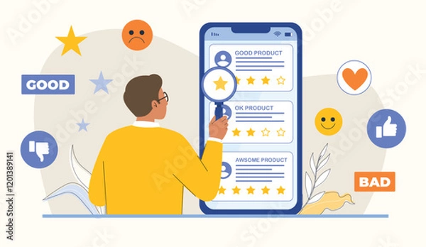 Obraz Customer Product Reviews with Star Ratings and Feedback Illustration Displays customers giving product ratings and leaving reviews with stars and text.