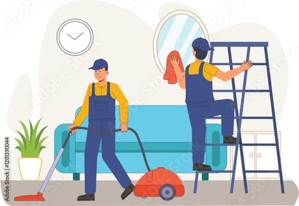 Obraz Housekeeping Services Illustration with Vacuuming and Ladder Cleaning Depicts a worker cleaning high surfaces using a ladder, alongside vacuuming tasks.