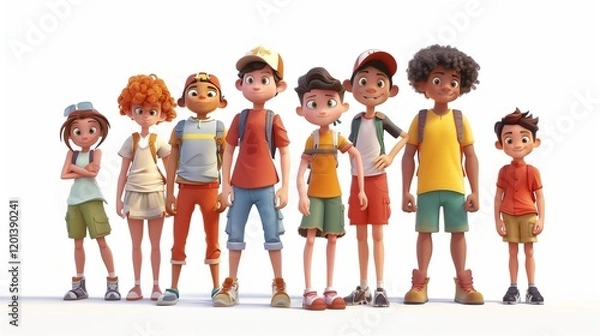 Fototapeta A group of animated kids on an adventure, standing vividly on a bright white background.