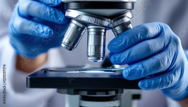 Fototapeta Close-up of a scientist using a microscope.