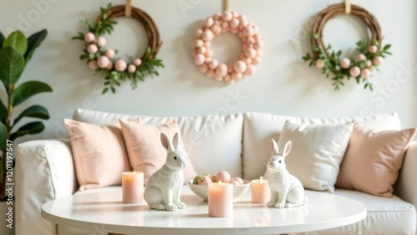 Obraz Easter-themed living room decor: pastel-colored wreaths, candles, and bunny figurines on a white table. Clean and bright with soft spring sunlight.