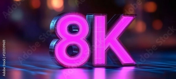Fototapeta Glowing Neon Pink 8K Resolution Sign on a Dark Background with Bokeh. High Resolution.