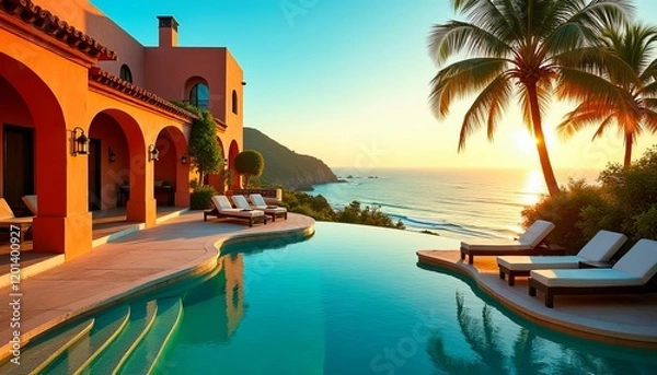 Fototapeta Luxury oceanfront villa with infinity pool at sunset.  Enjoy breathtaking views and tranquil relaxation.